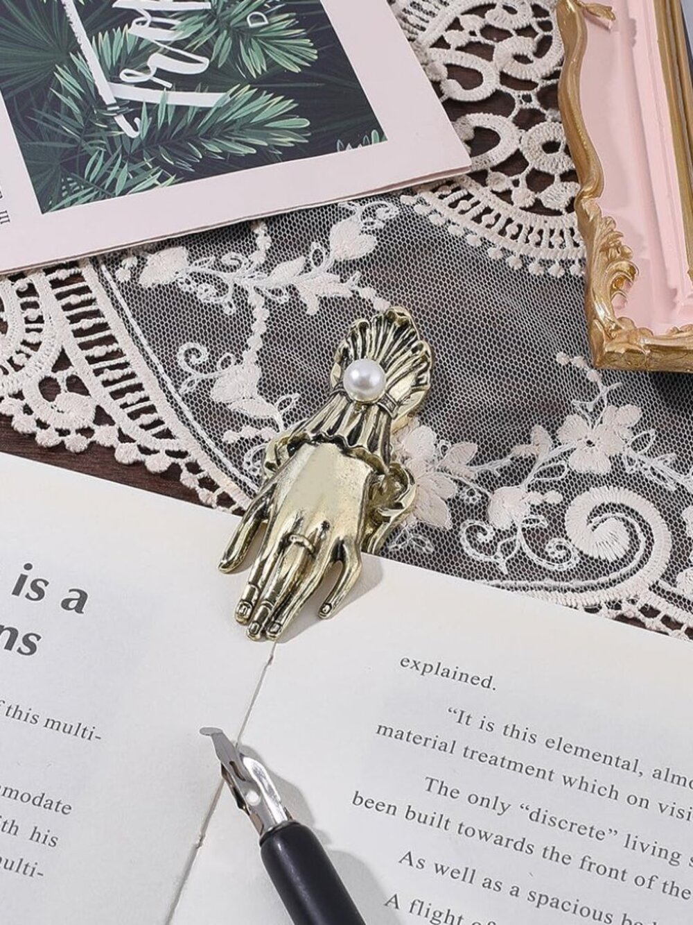 Vintage Lady's Hand Book Clip 3D Metal Antique Bronze Pearl Journal Paper Storag - Picture 3 of 7